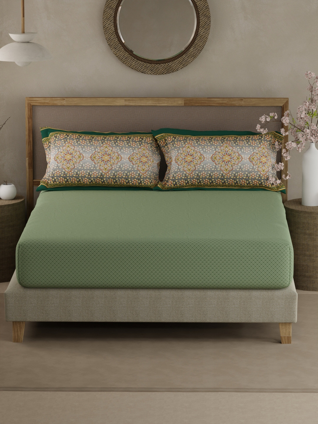 Boutique Living India Heritage Walk Green 200 TC Cotton King Bedsheet Set-2.74 m x 2.74 m