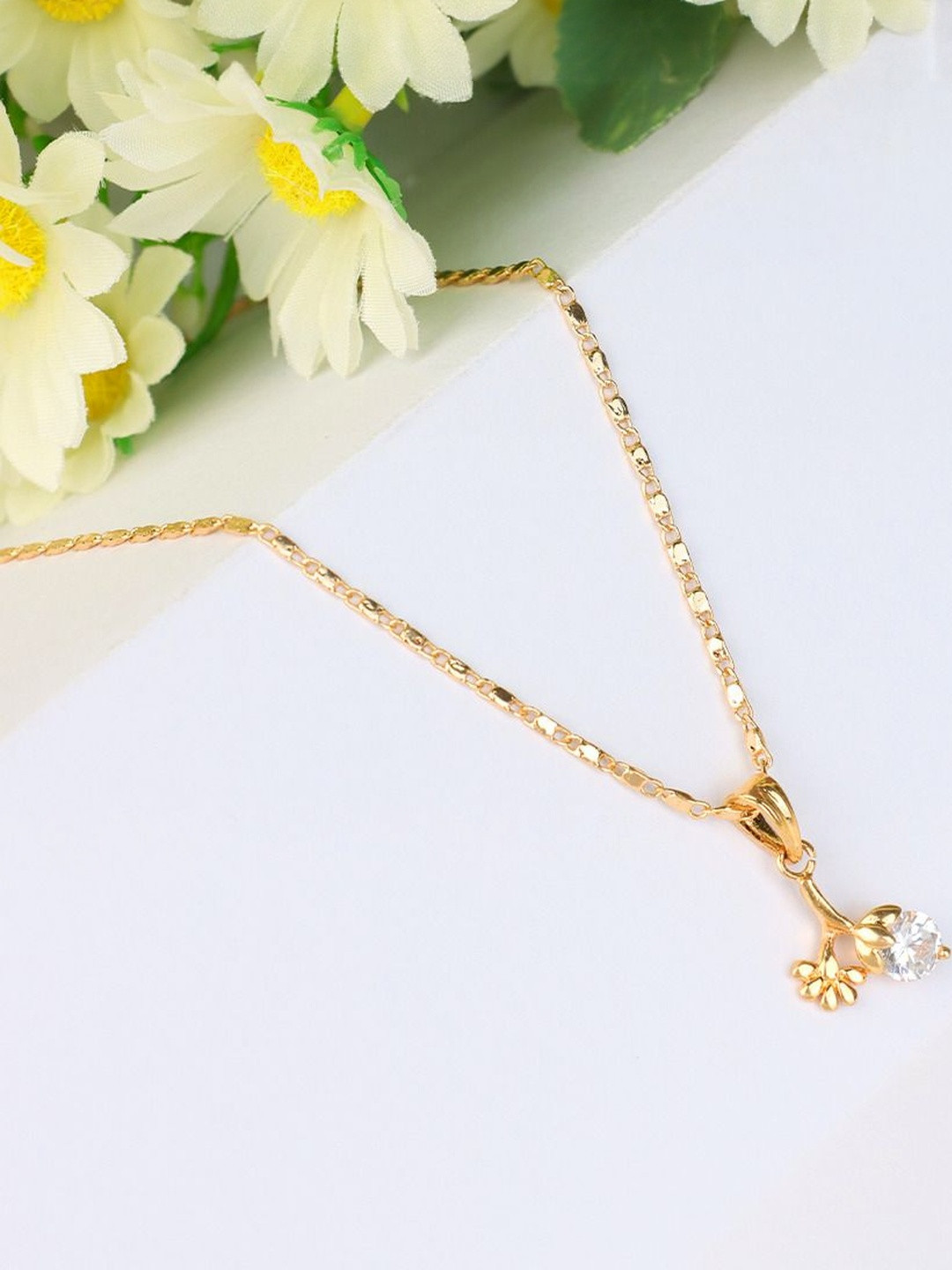 GARNISHA Women Gold-Plated Tree Shaped Cubic Zirconia Studded Pendant with Chain