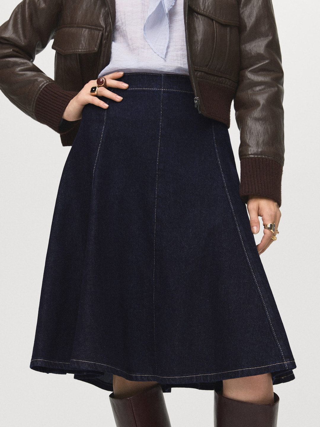 MANGO Paneled Mid Rise Cotton Denim A-Line Skirt