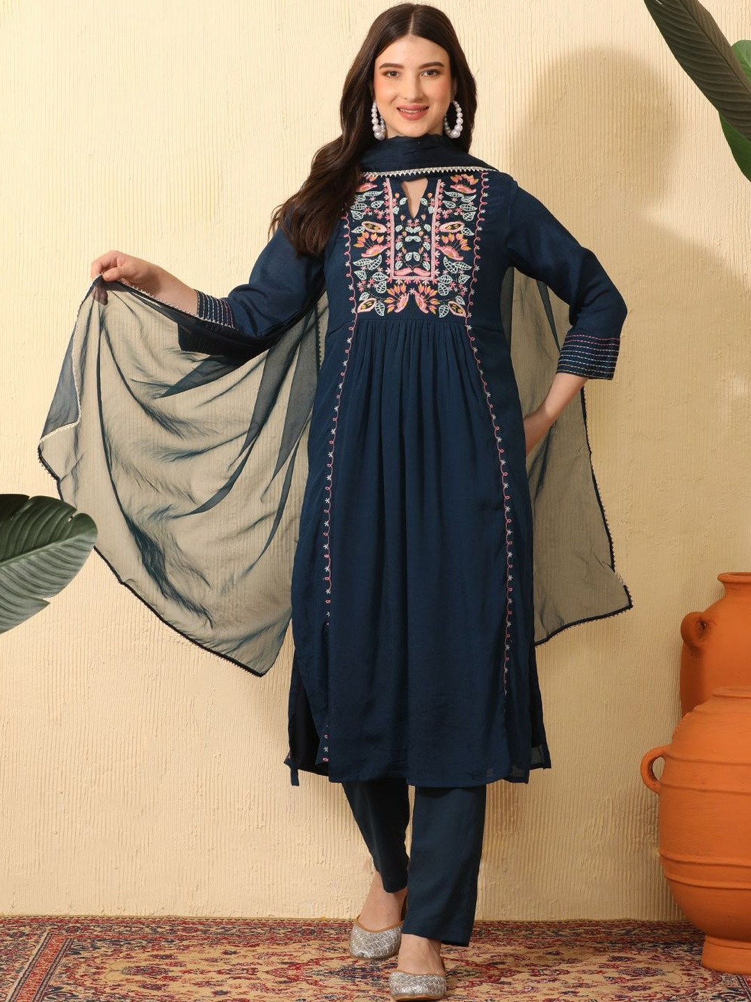 Sangria Women Floral Embroidered Empire Thread Work Kurta with Trousers & With Dupatta