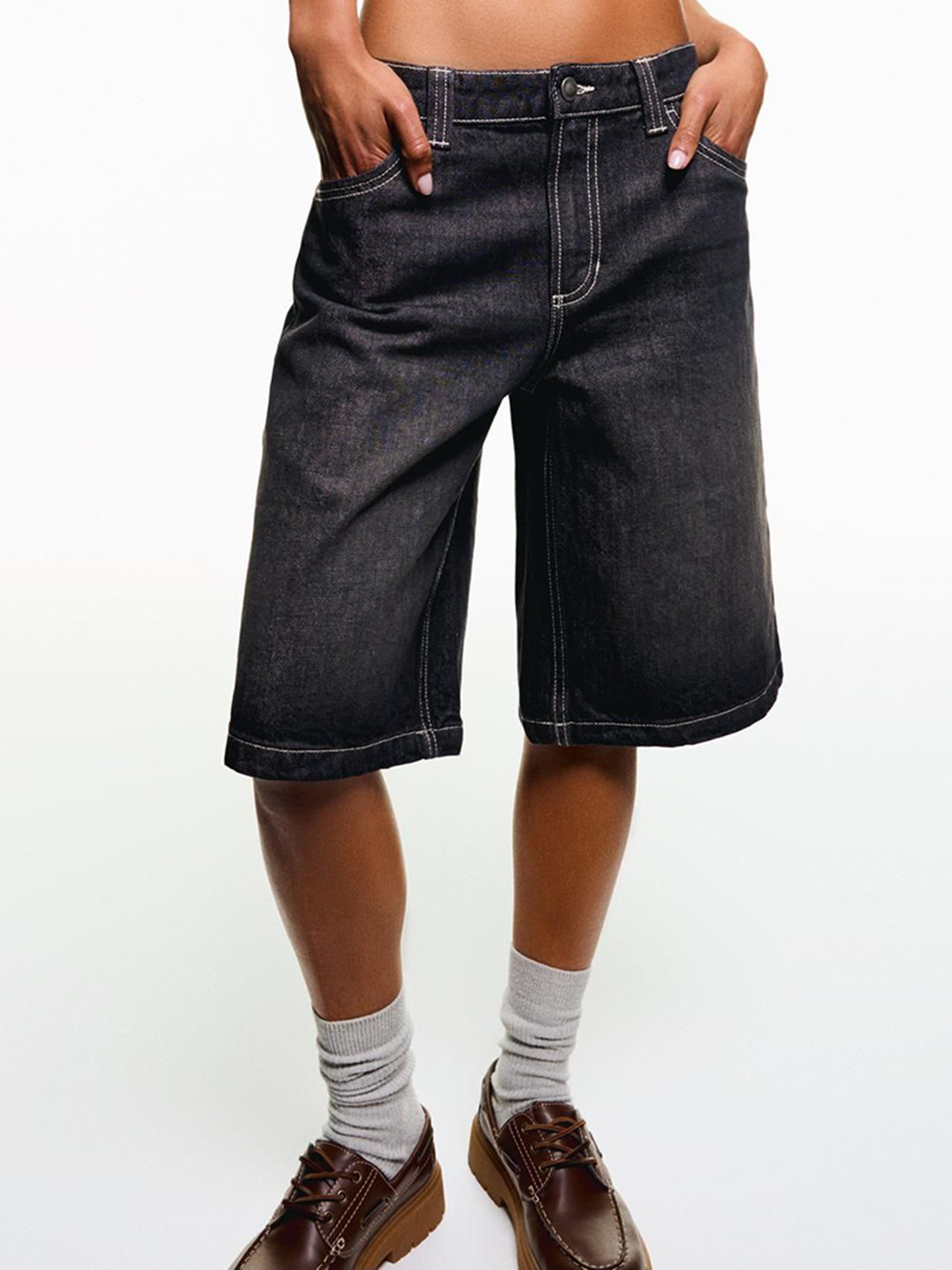 Bershka Women Baggy Fit Mid-Rise Denim Shorts