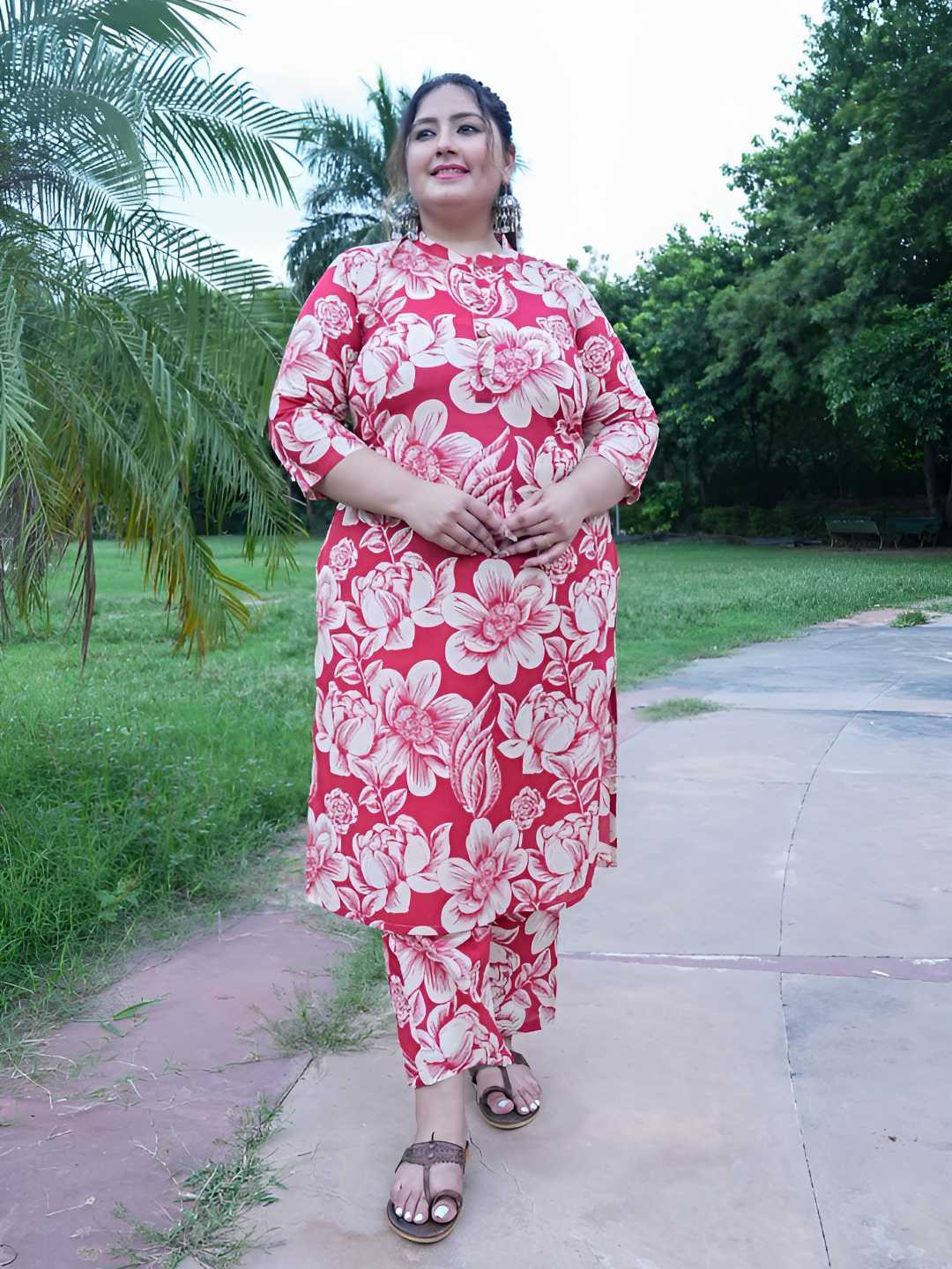 SINSINI Women Plus Size Floral Printed Cotton Kurta with Trousers
