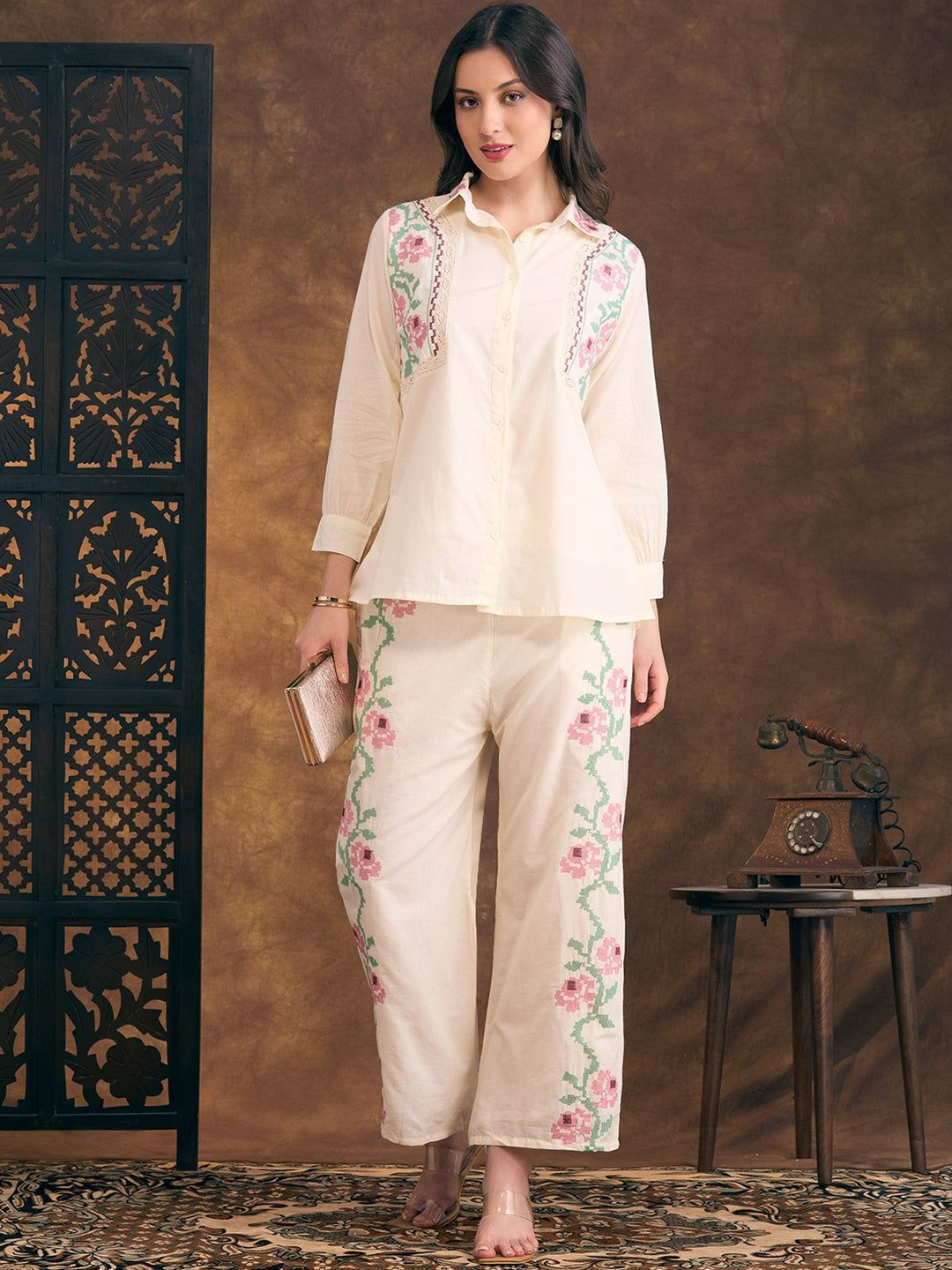 FASHOR Floral Cross Stitch Embroidered Straight Fit Co-ord Set