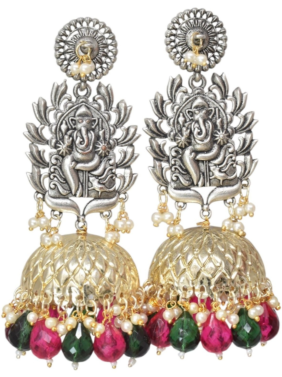 MEIRA JEWELLERY German Silver-Plated Stones Studded & Beaded Temple Dome Shaped Jhumkas