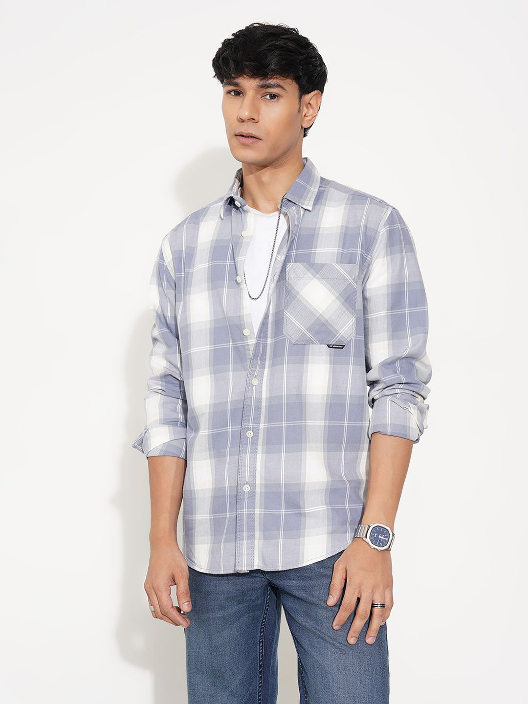 SF JEANS by Pantaloons Tartan Checked Spread Collar Pure Cotton Regular Fit Shirt