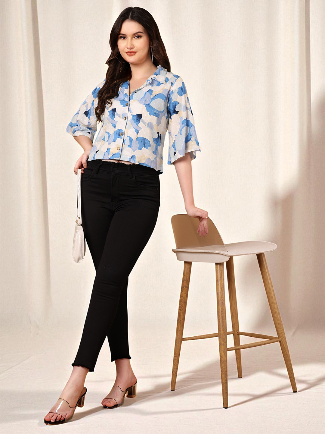 Azira Women Printed Bell Sleeve Shirt Style Top