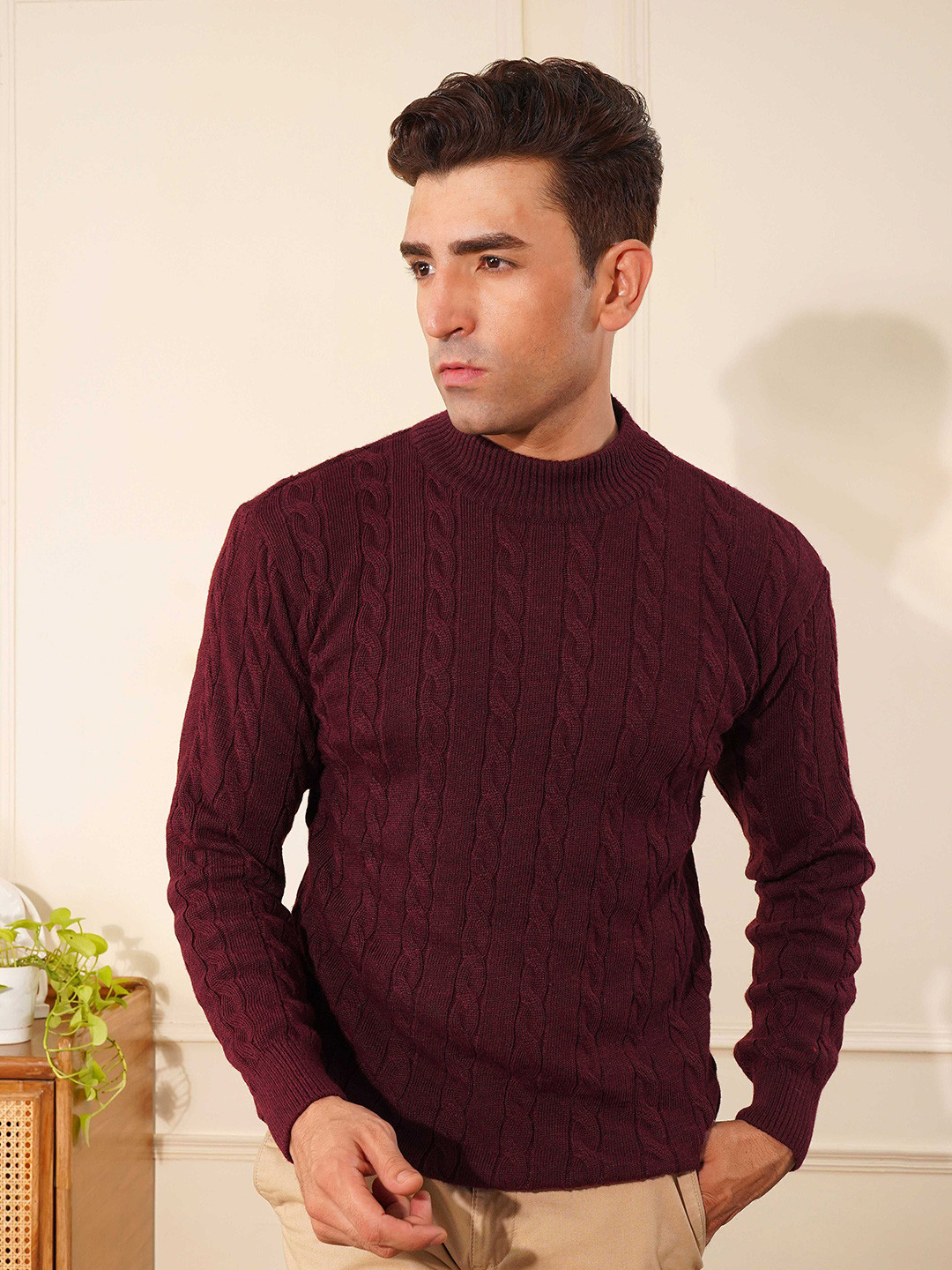 THE BEETEL HOUSE Men Solid Self Designe Pullover