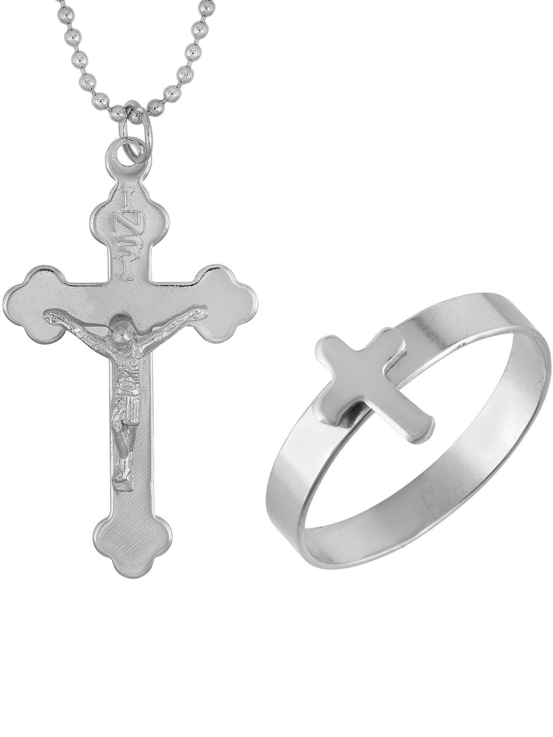 DZINETRENDZ Silver Plated Pack of Cross Pendant & Matching Finger Ring