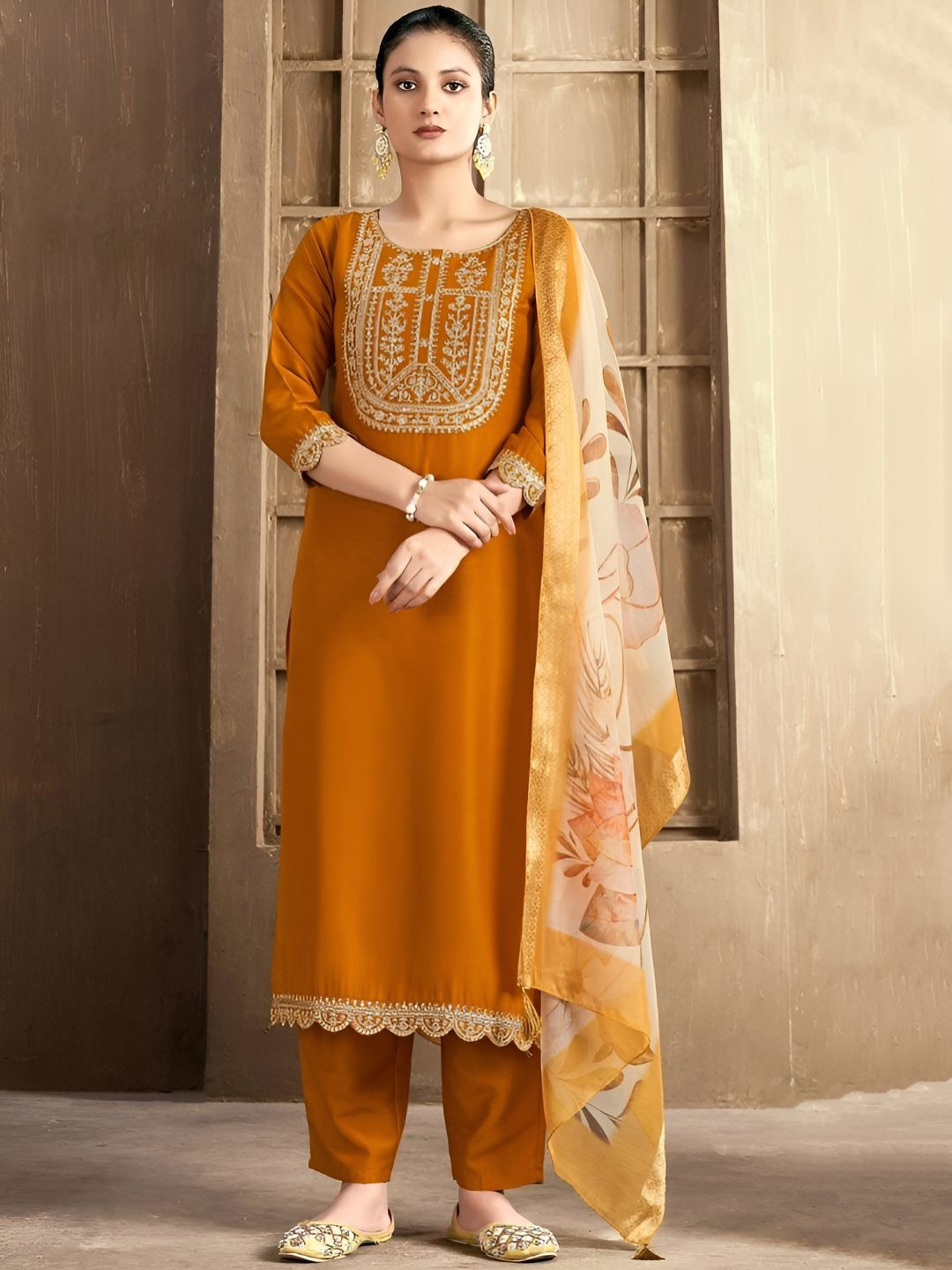 Pandurang fab Women Ethnic Motifs Embroidered Thread Work Kurta with Trousers & Dupatta