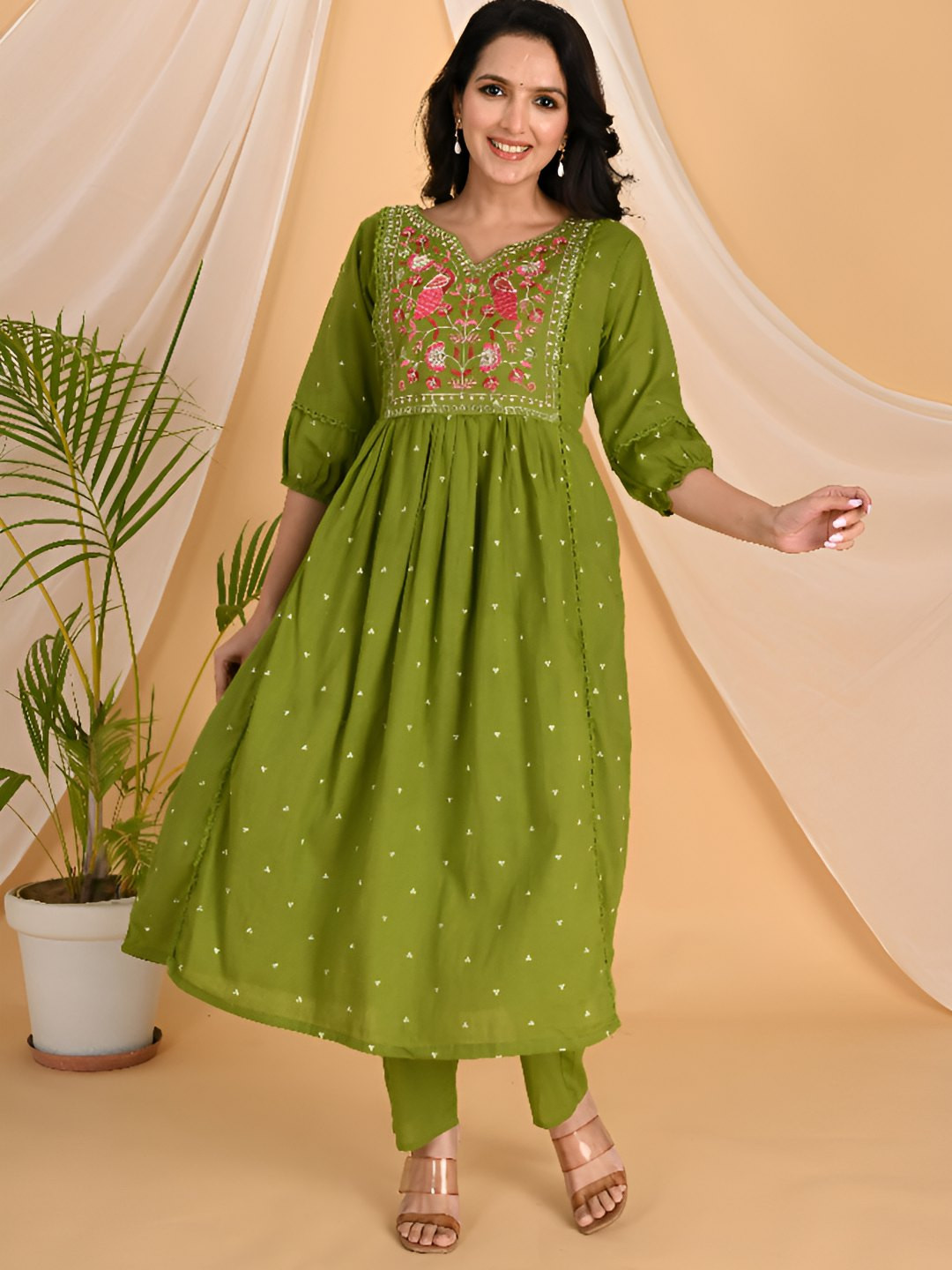 Vogue by Avantika Women Ethnic Motifs Embroidered Cotton A-Line Kurta with Trousers