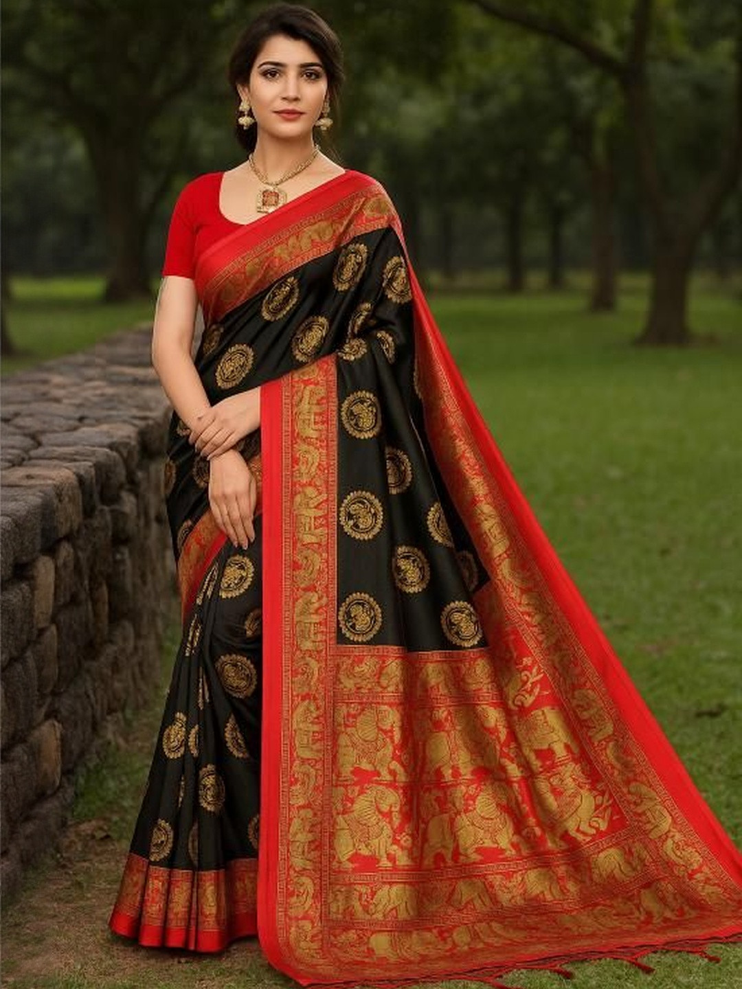 Moda Rapido Black & Red Elephant Printed Art Silk Saree