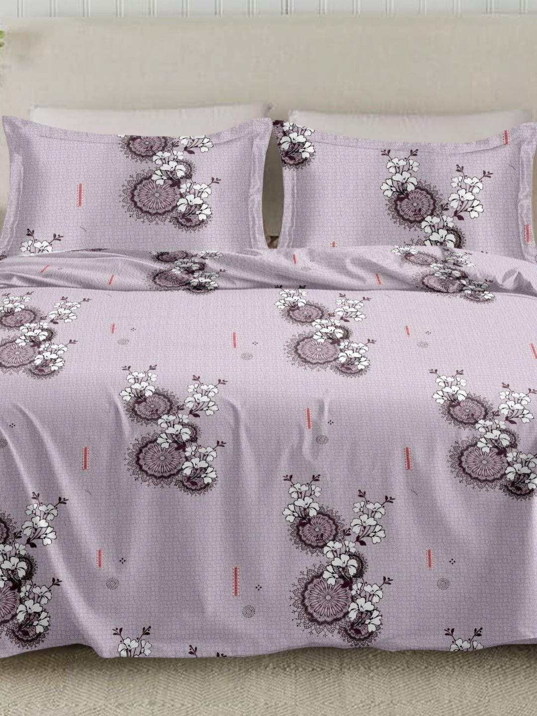 Sleeping Owls Lavender & White Floral 210TC Cotton Super King Bedsheet Set 2.74 m x 2.74 m