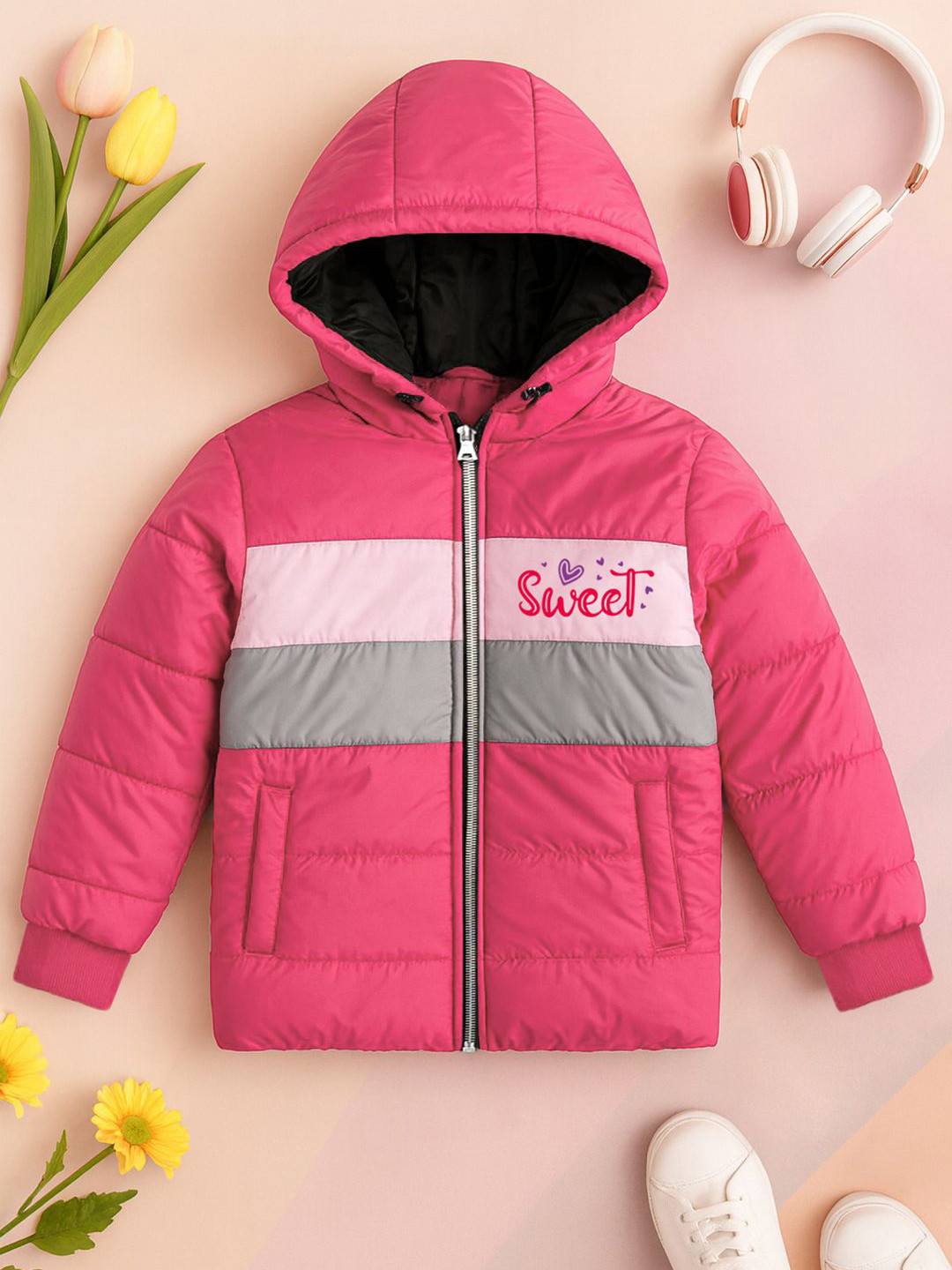 YK X Trampoline Girls Hooded Striped Puffer Jacket