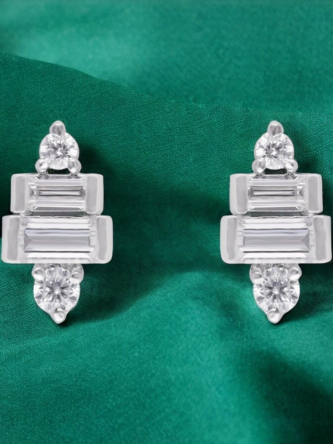 Crash.Club By CKC 92.5 Silver Rhodium Plated Cubic Zirconia Studded Rectangle Shaped Studs