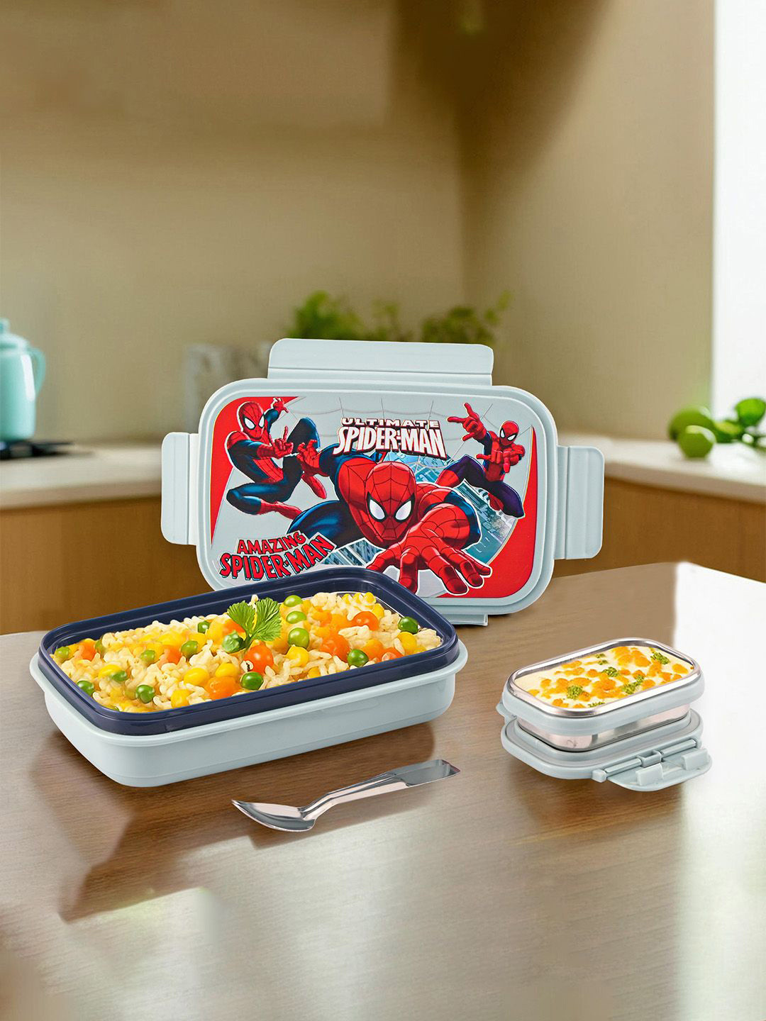 Kuber Industries Grey & Red Printed Lunch Box With Spoon