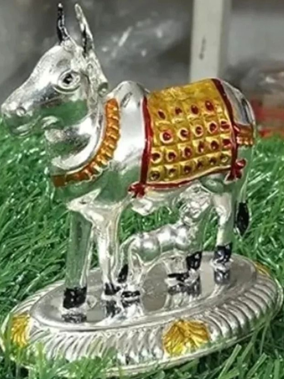 ASTRO-D Unisex Silver Meenakari Cow For Puja Room and Car Dashboard