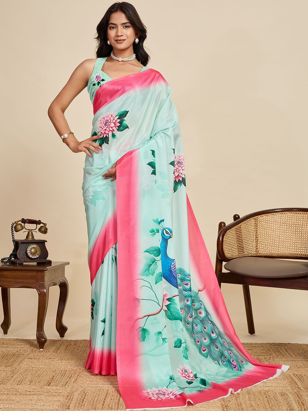 Suha Women Blue & Red Art Silk Lightweight Saree