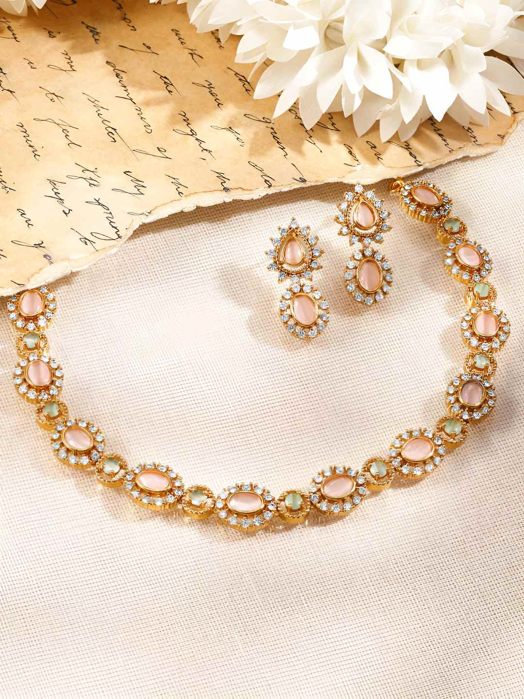 Rubans 22K Gold-Plated Peach Pink Stone Brass Necklace Set with Cubic Zirconia Accents