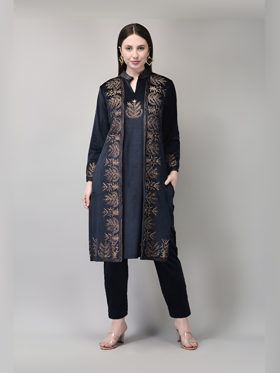 FNOCKS Ethnic Motifs Embroidered Layered Thread Work Velvet Straight Kurta With Trousers