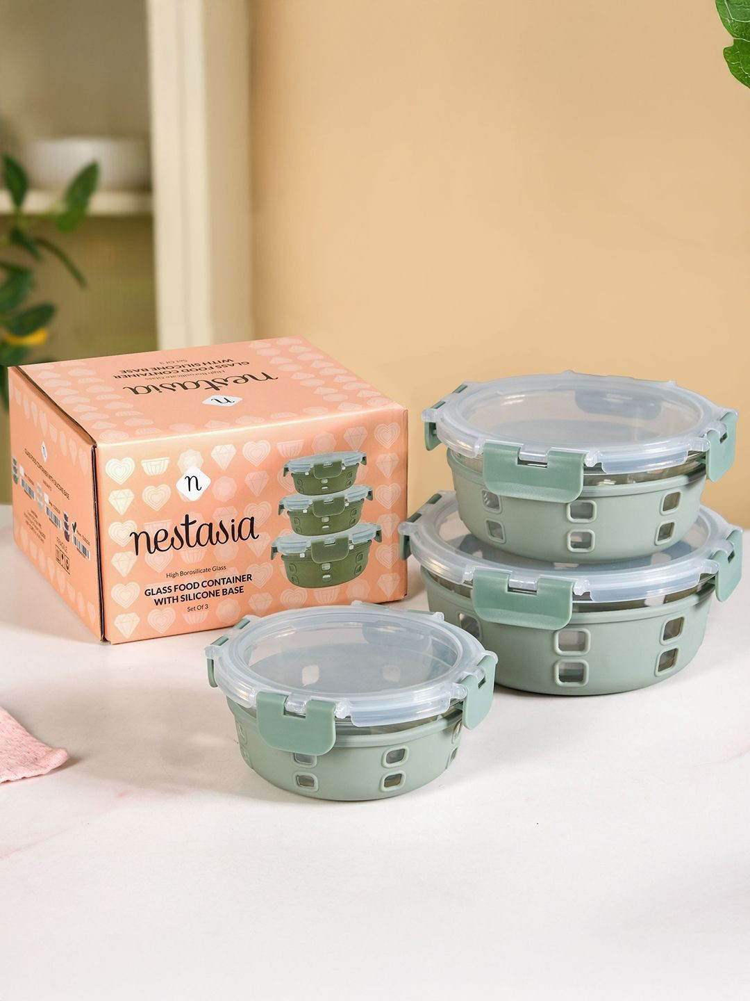 Nestasia Unisex Green 3 Pieces Lunch Box Borosilicate Glass Containers