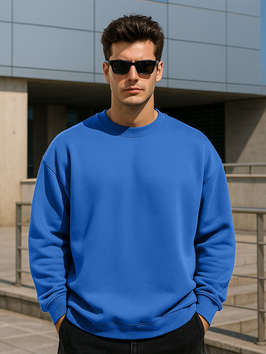 VEIRDO Men Blue Solid Round Neck Cotton Fleece Oversized Pullover Sweatshirt