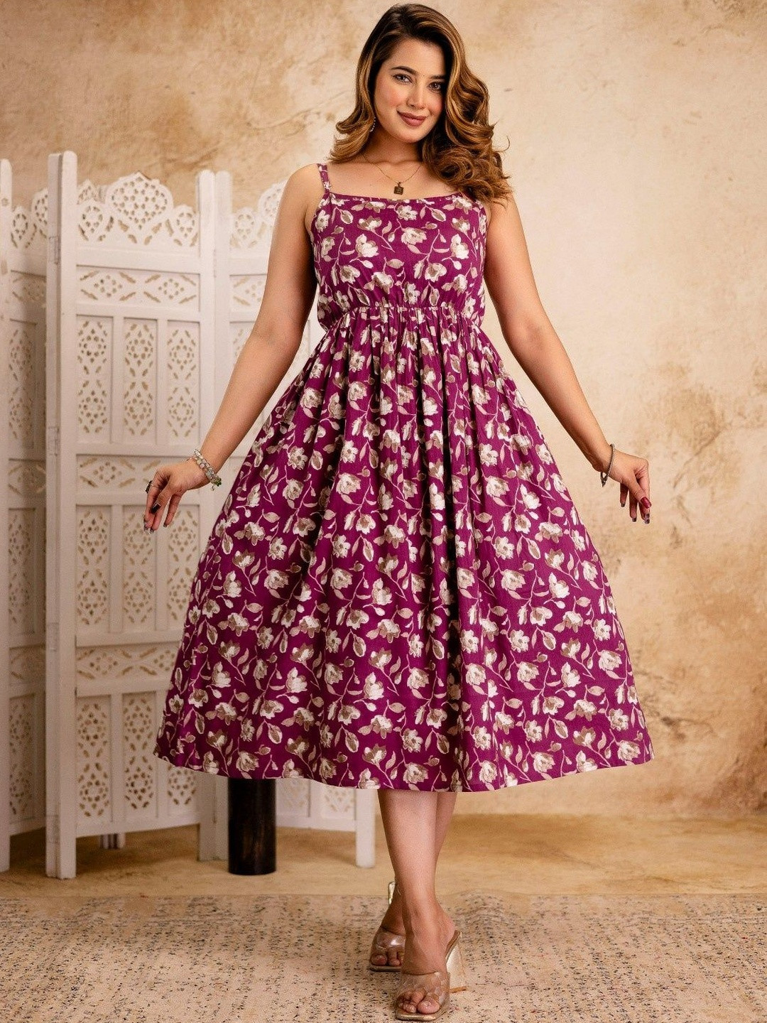 FASHION CLOUD Women Maroon Floral Print Fit & Flare Dress