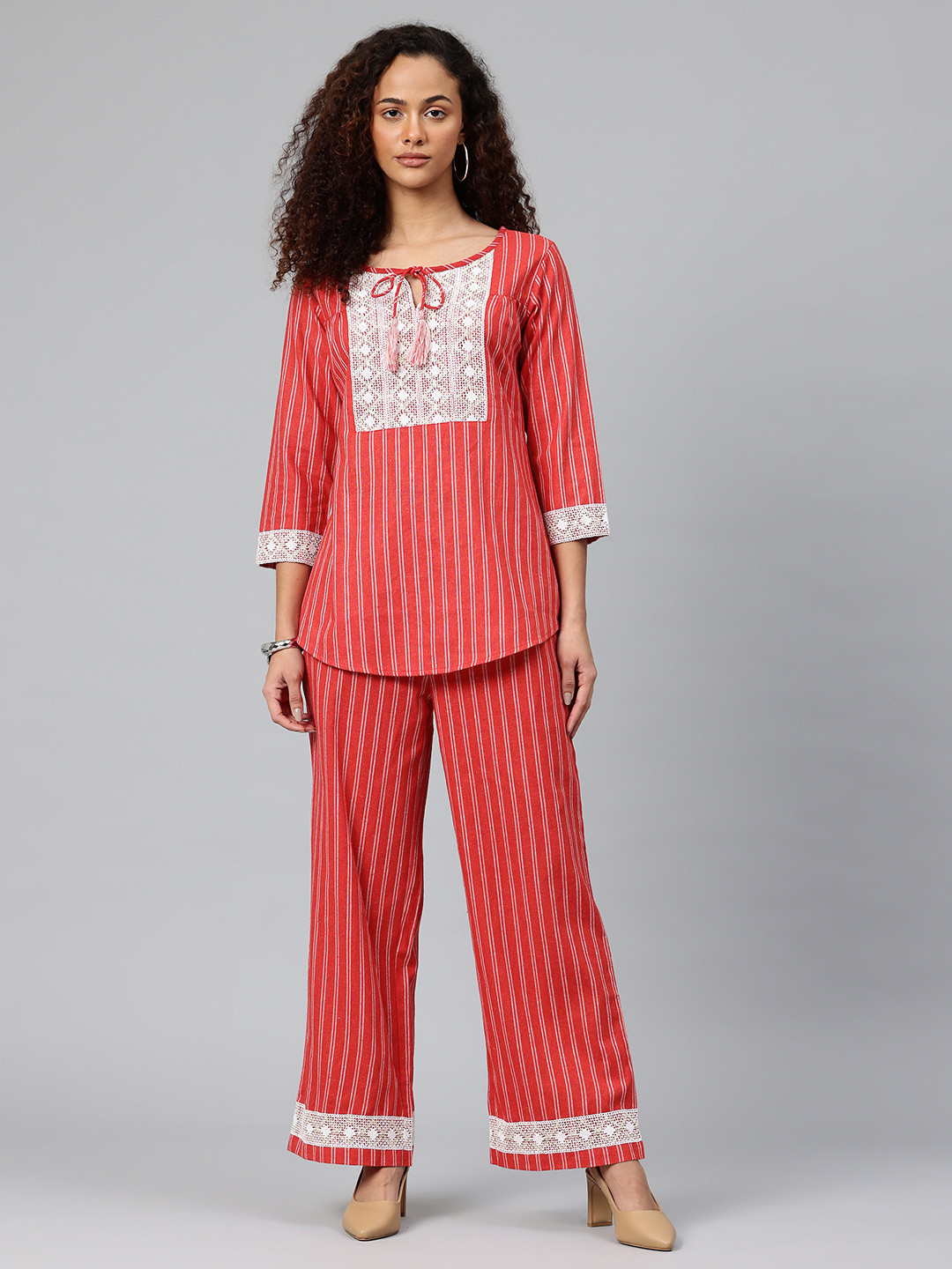 Cottinfab Vertical Stripes Tie-Up Neck Lace Inserts Pure Cotton Longline Top with Palazzos