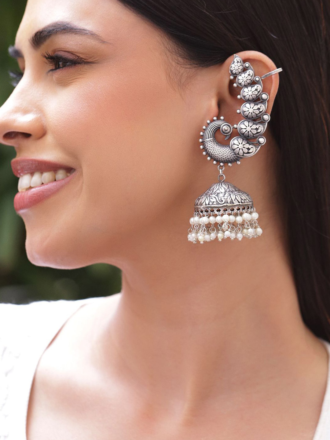 Rubans Rhodium-Plated Oxidised Paisley Motif Oversized Earcuff Jhumka with White Pearls