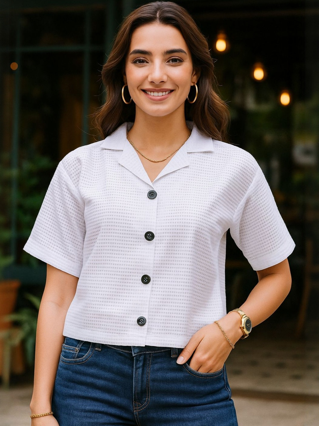 DressBerry Women White Textured Poly Cotton Cuban Collar Boxy Shirt