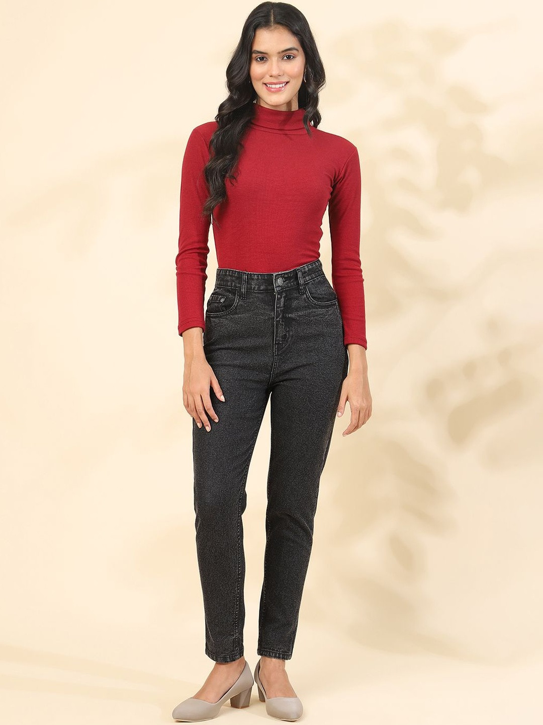 DressBerry  Women Pack of 2 Red & Green Cotton Turtle Neck Ribbed Pullover