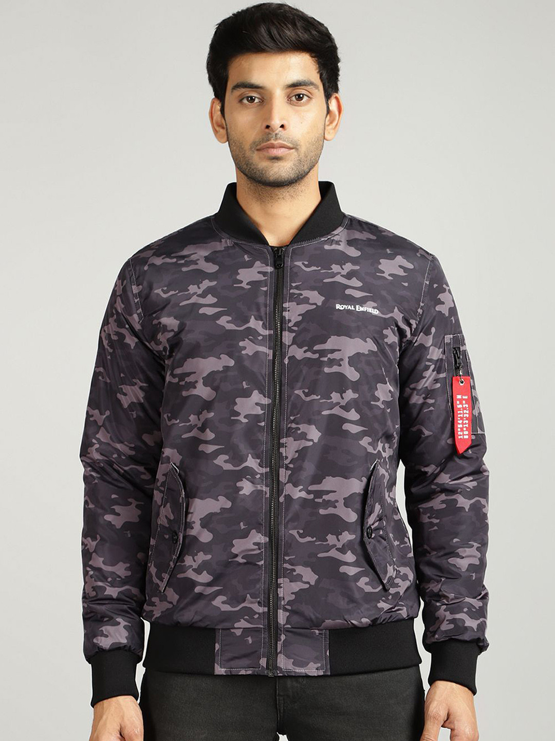 Royal Enfield Men Stand Collar Camouflage Bomber Jacket