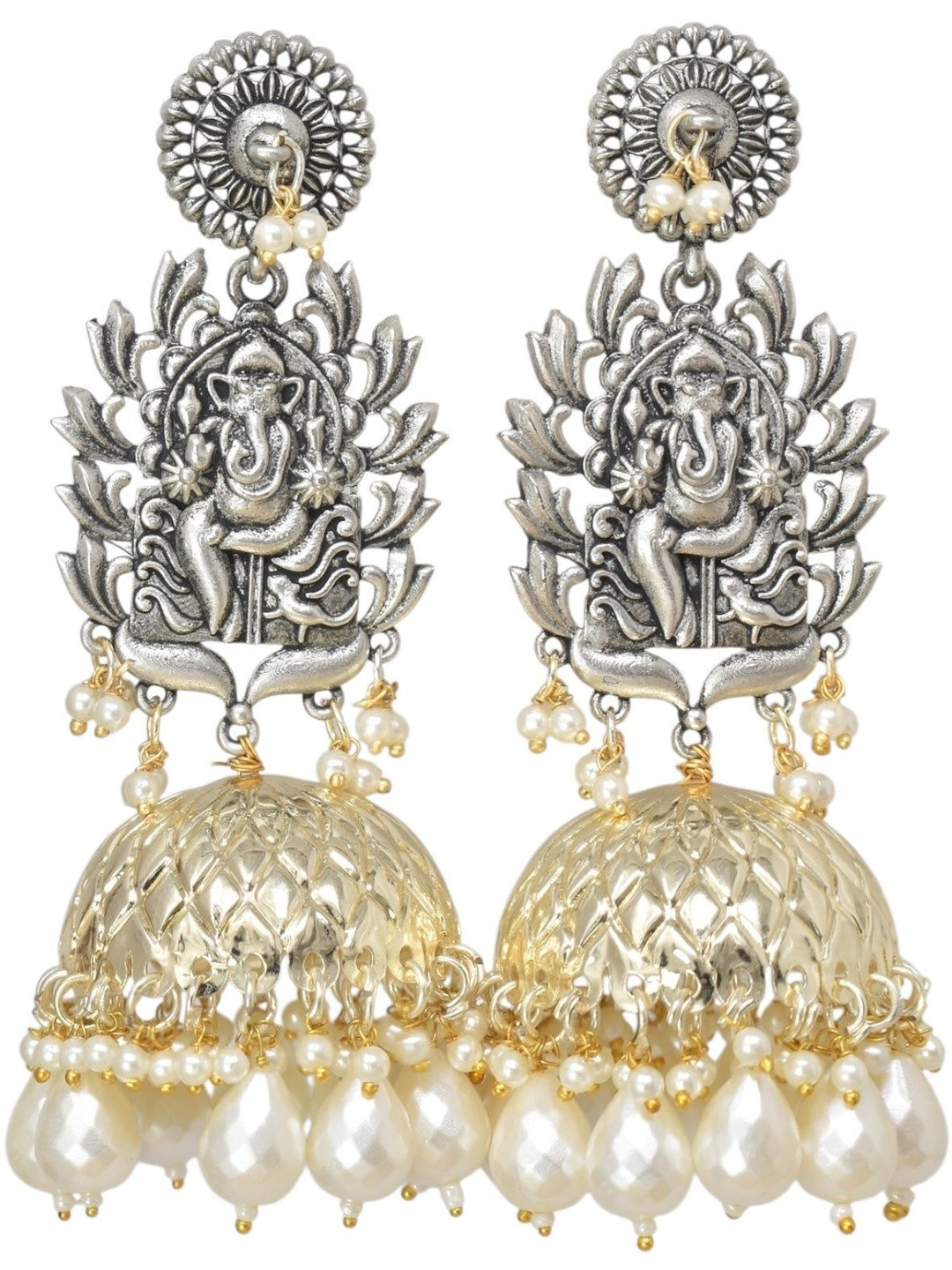 MEIRA JEWELLERY German Silver -Plated Beaded Dome Shaped Ganesh Ji Jhumkas