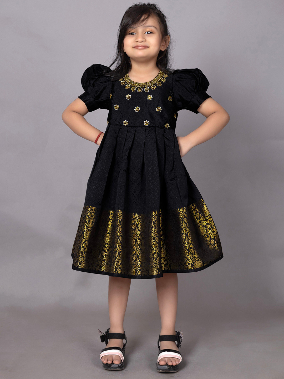 Ethzy Girls Ethnic Motifs Embroidered Puff Sleeve Fit & Flare Dress