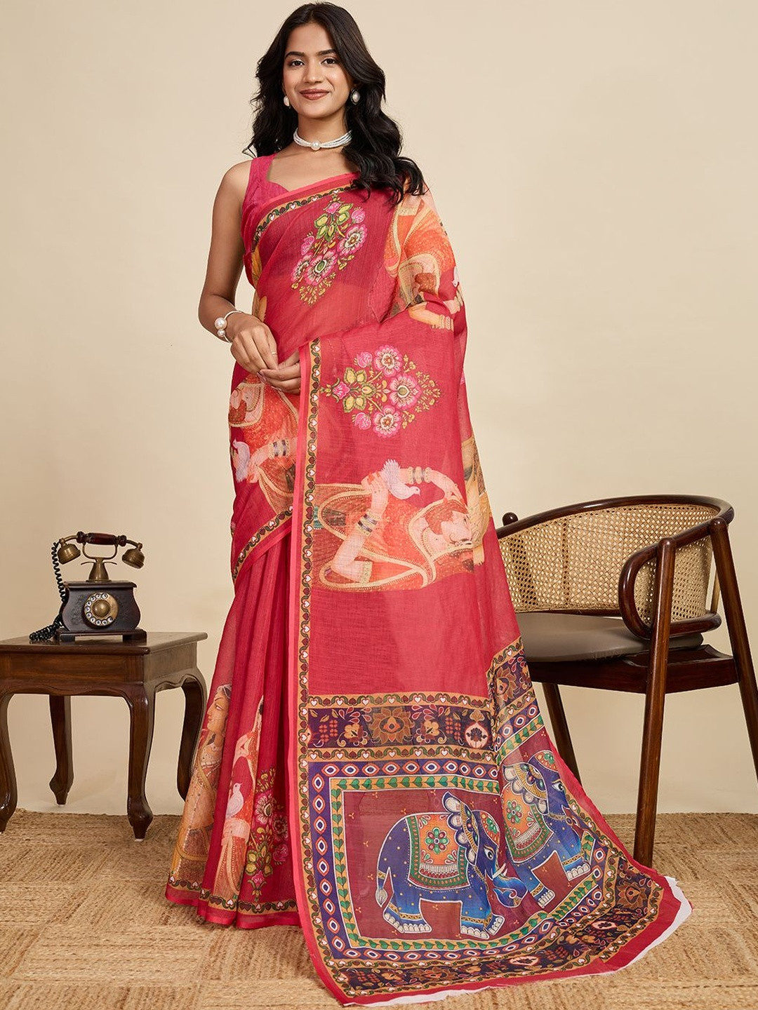 Suha Women Red Cotton Linen Ethnic Saree With Elegant Prints