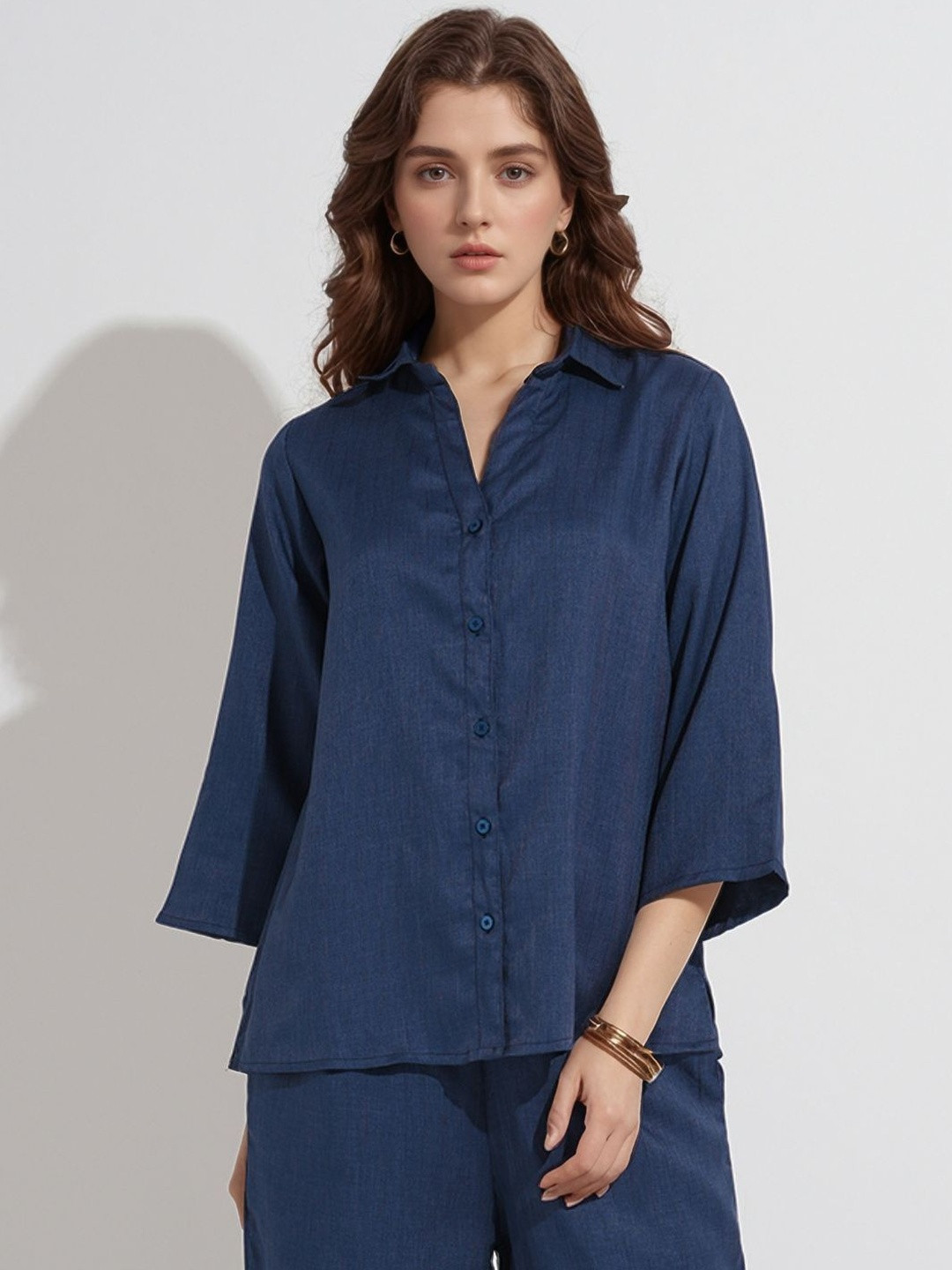 DressBerry Women Blue Spread Collar Denim Formal Shirt