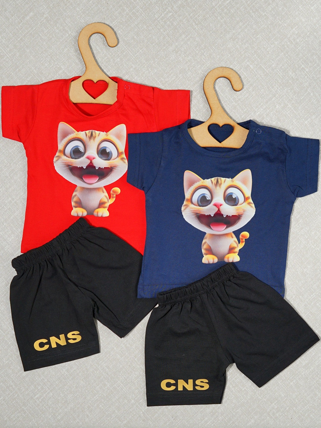 CRAZE N STITCH Boys Pack Of 2 Cat Printed T-shirt With Shorts Clothing Set