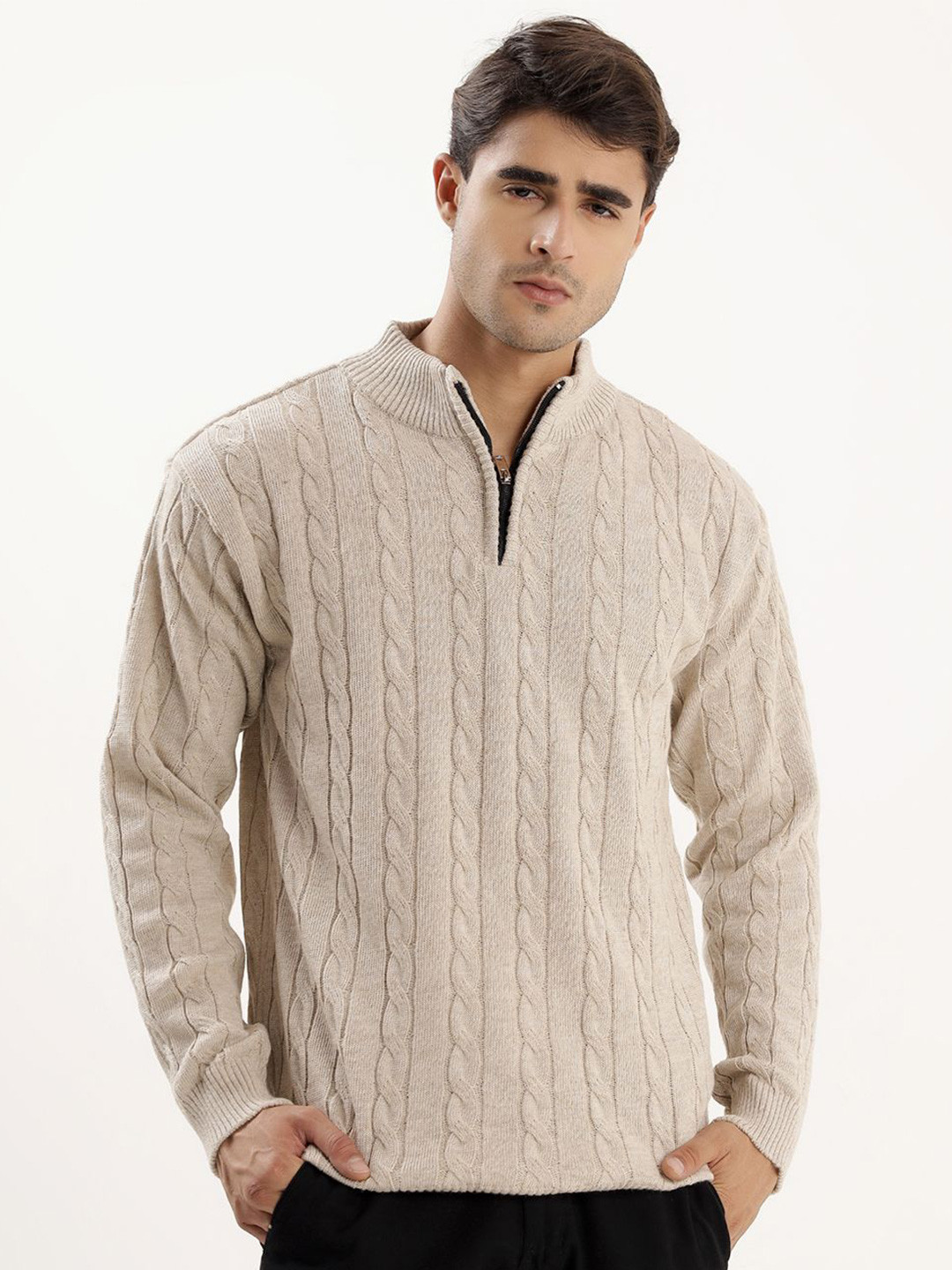 THE BEETEL HOUSE Men Cable Knit Self Design Half Zipper Long Sleeves Pullover