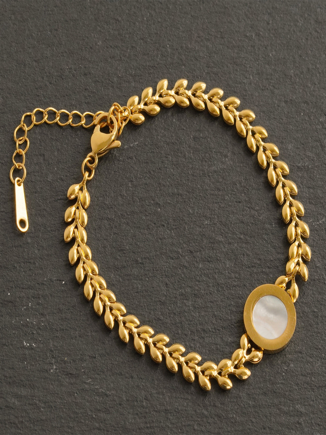 AQUASTREET 18k Gold Plated Waterproof Anti-Tarnish White Shell with Leaf Design Bracelet