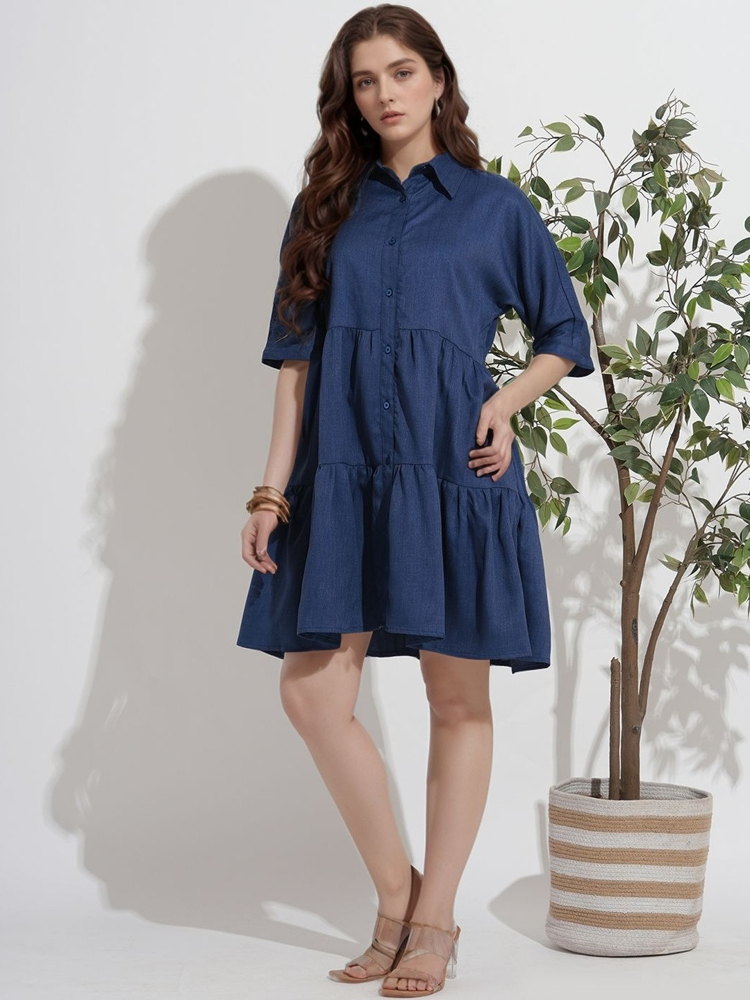 DressBerry Women Denim Mini Tiered Dress With Extended Sleeves