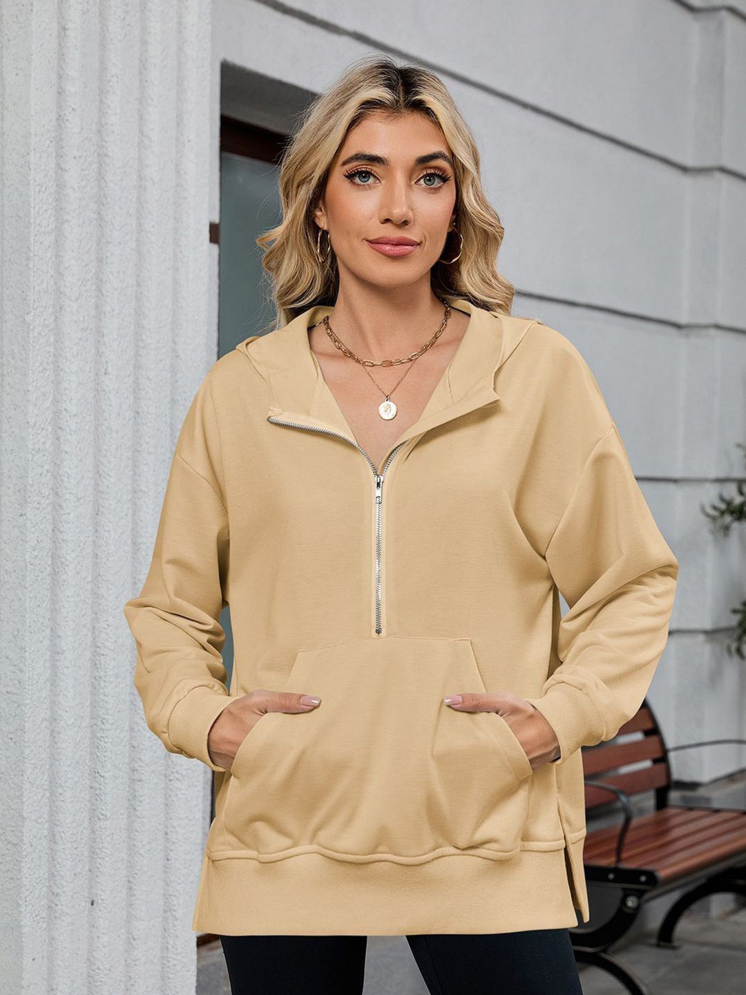 Outzidr Women Hood Neck Half Zip Collared Sweatshirt