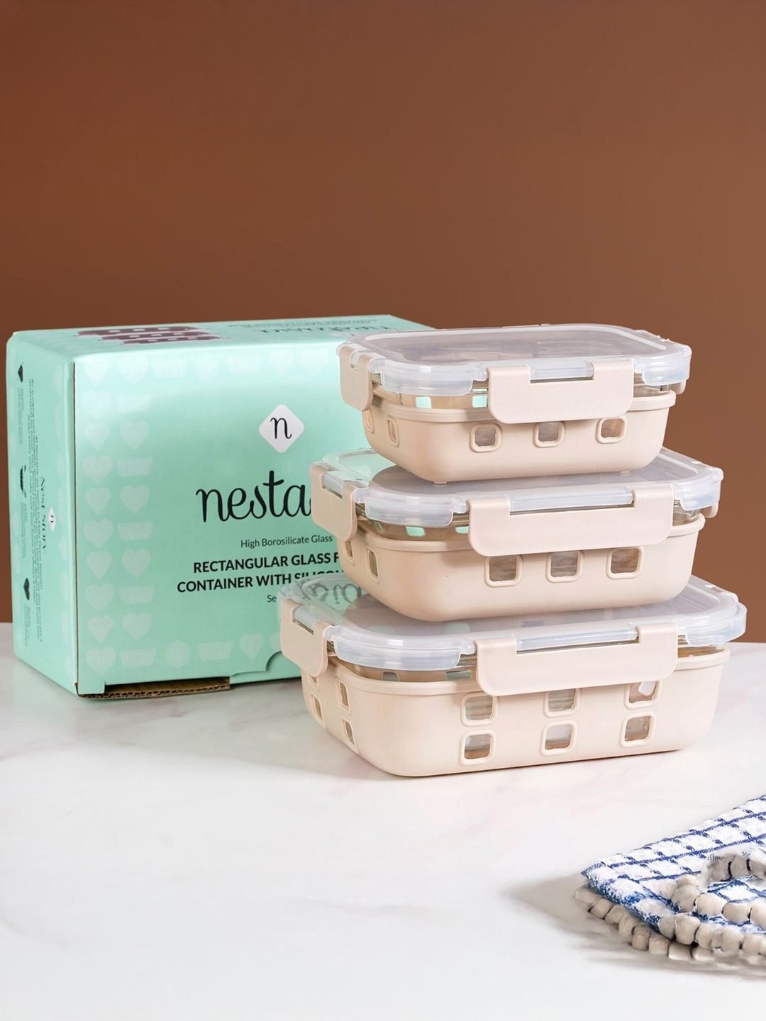 Nestasia Unisex Beige 3 Pieces Food Storage Glass Containers