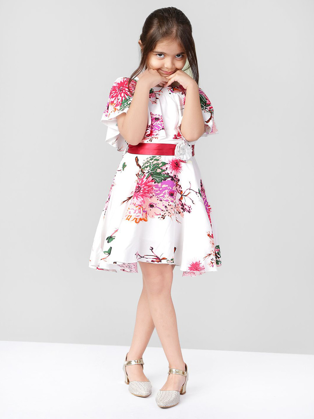 Naughty Ninos Girls Floral Print Gathered or Pleated Cap Sleeves Fit and Flare Dress