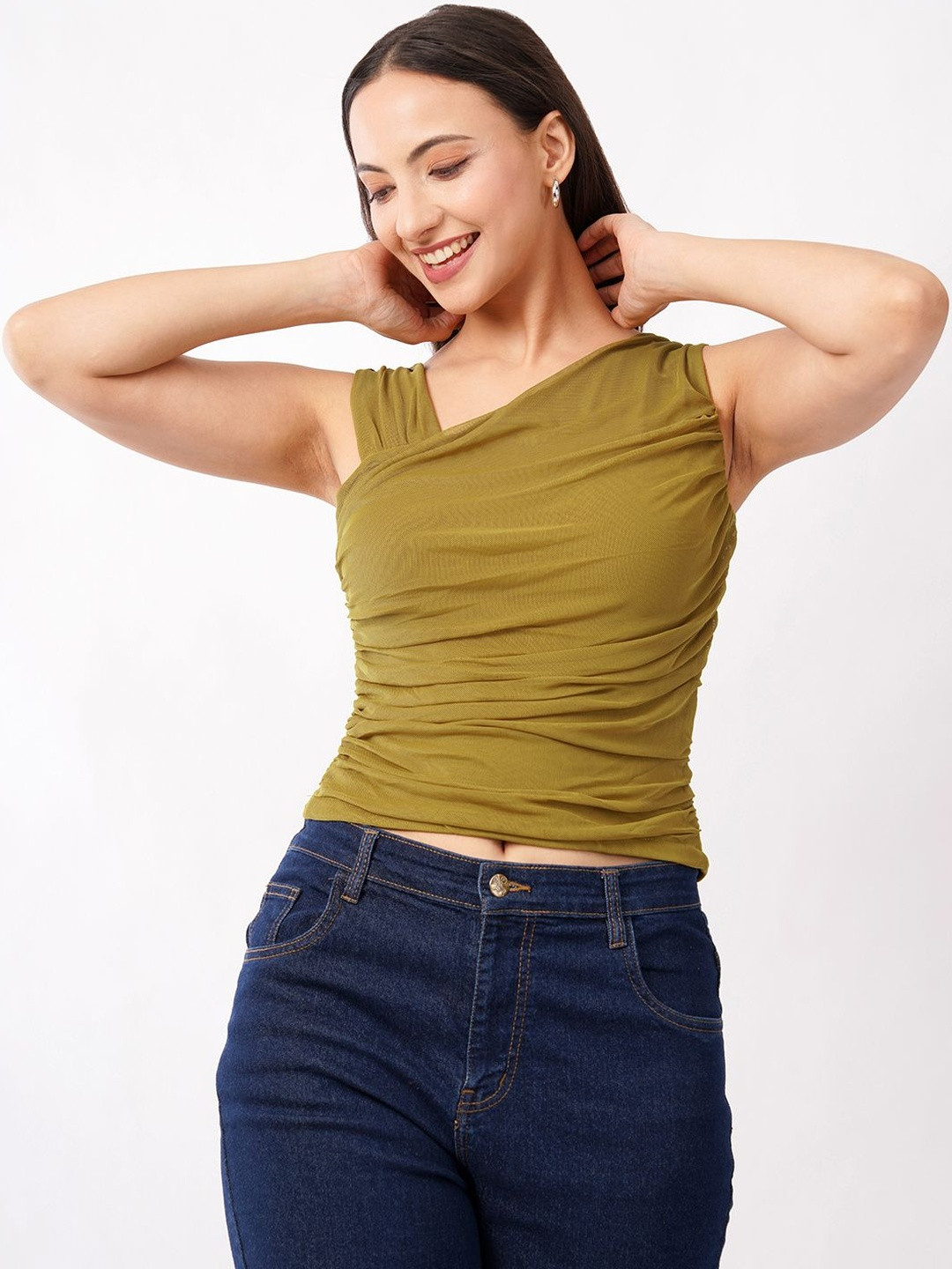 Deshi Girl Women One Shoulder Ruched Detail Net Crop Top