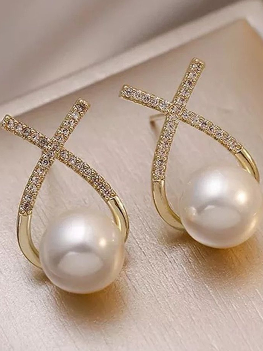 Zaphariq Gold-Plated Artificial Stones Studded & Pearls Beaded Spherical Korean Studs
