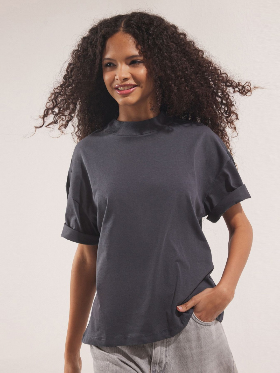 Trendyol Women Solid High Neck Cotton Oversized T-shirt