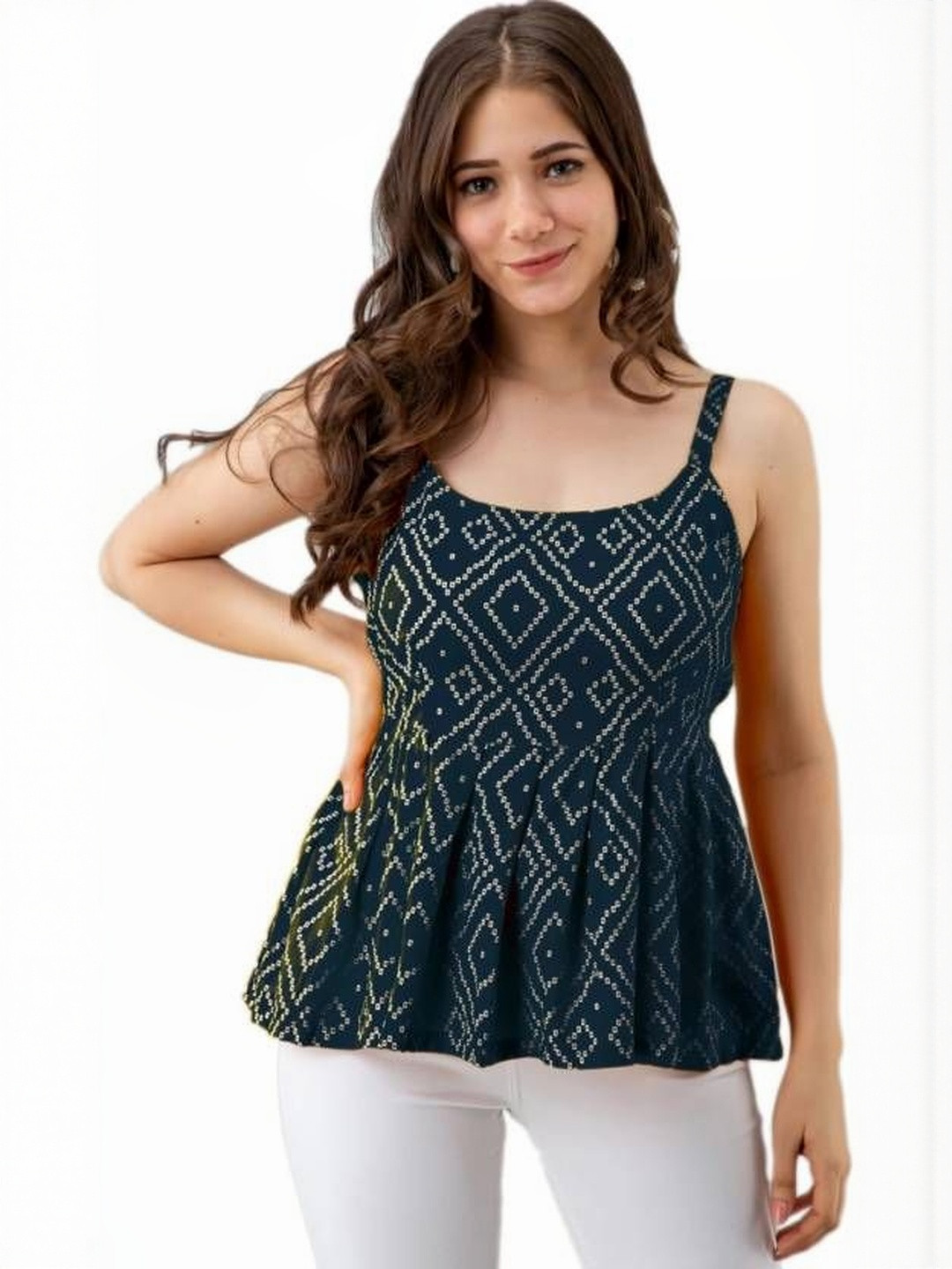 Renqiran Women Geometric Printed Gathered or Pleated Peplum Top