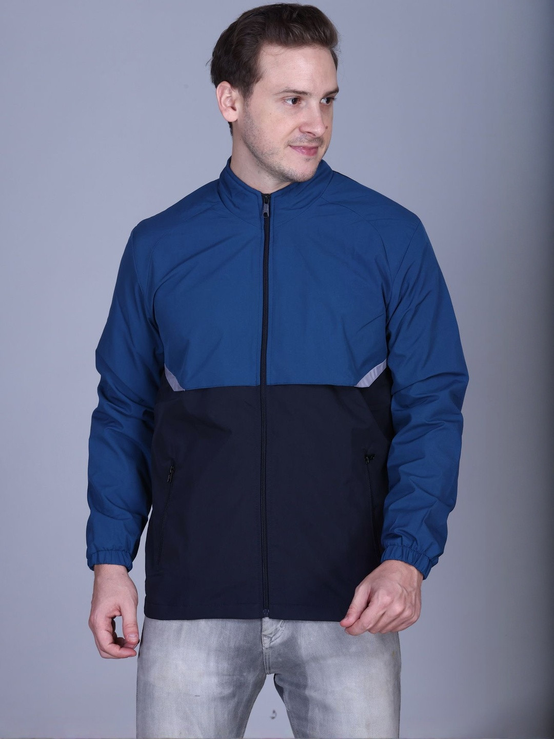 Roadster Men Navy Blue Mock Collar Colourblocked Polyester Open Front Windcheater Jacket