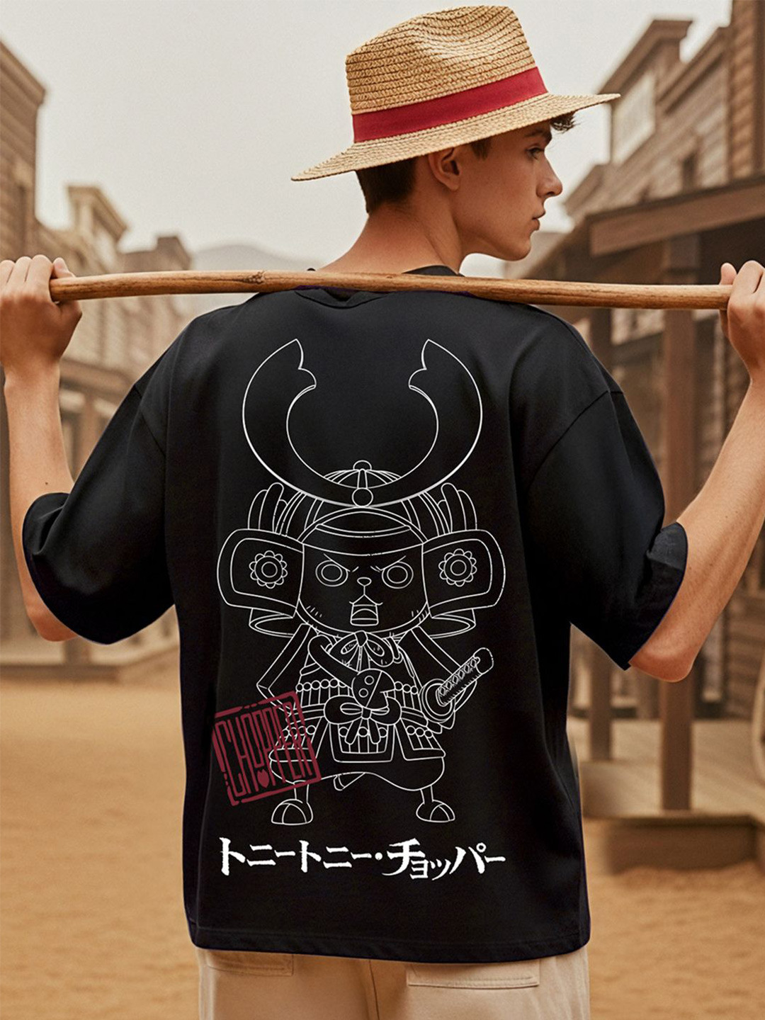 Bewakoof Official One Piece Men's Black Graphic Printed Oversized T-Shirt