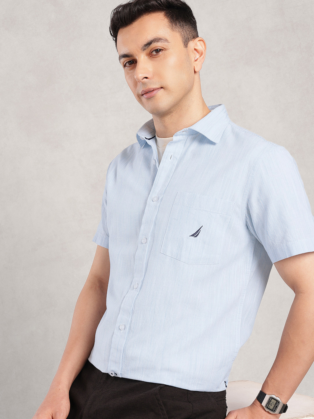 Nautica Striped Cotton Linen Casual Shirt