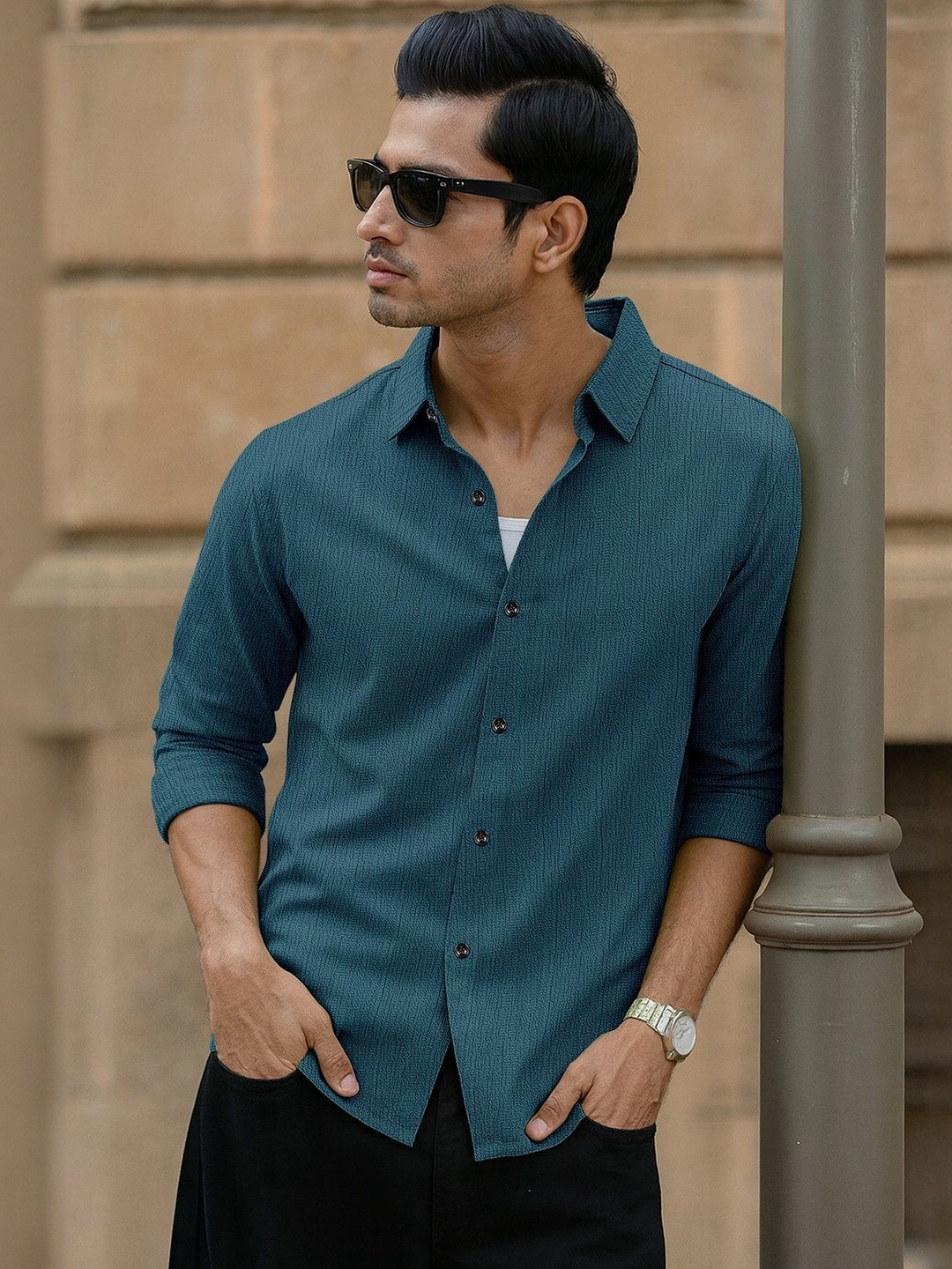 KHUSHI CREATION Original Popcorn Textured Spread Collar Roll-Up Sleeves Shirt